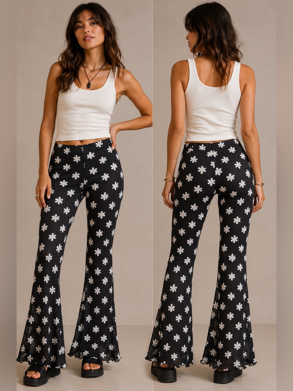 Nasty Gal Black Mesh Daisy Flare Pants Y2K Festival Size 2 - Picture 1 of 4